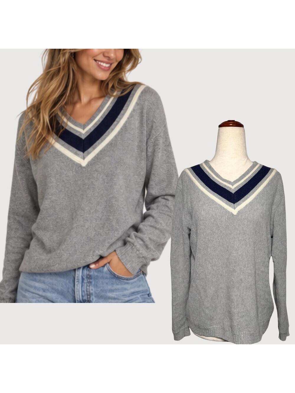 Gant Rugger The Vee Varsity Stripe Sweater Gray M